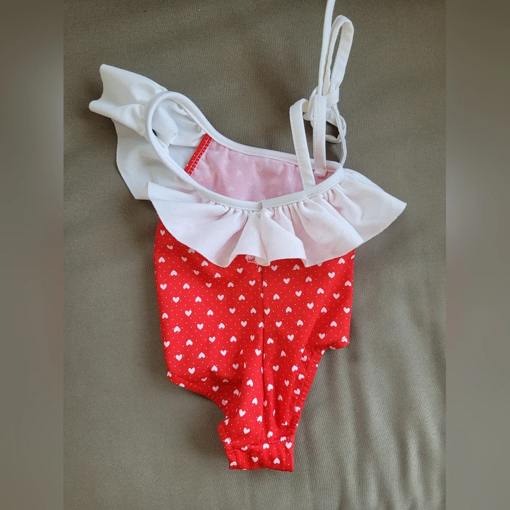 3 Child's Clothing Pieces White Print Dress Red Bathing Suit White Sweat…